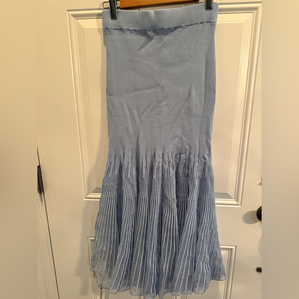 Commense Light Blue Fitted Ribbed Maxi Skirt with Flared Ruffle Hem